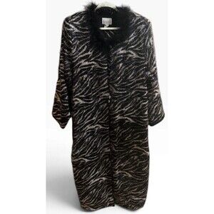 Vtg 90s Dolce USA Zebra Print Duster Coat Faux Fur Feather Collar Mob Wife 2XL